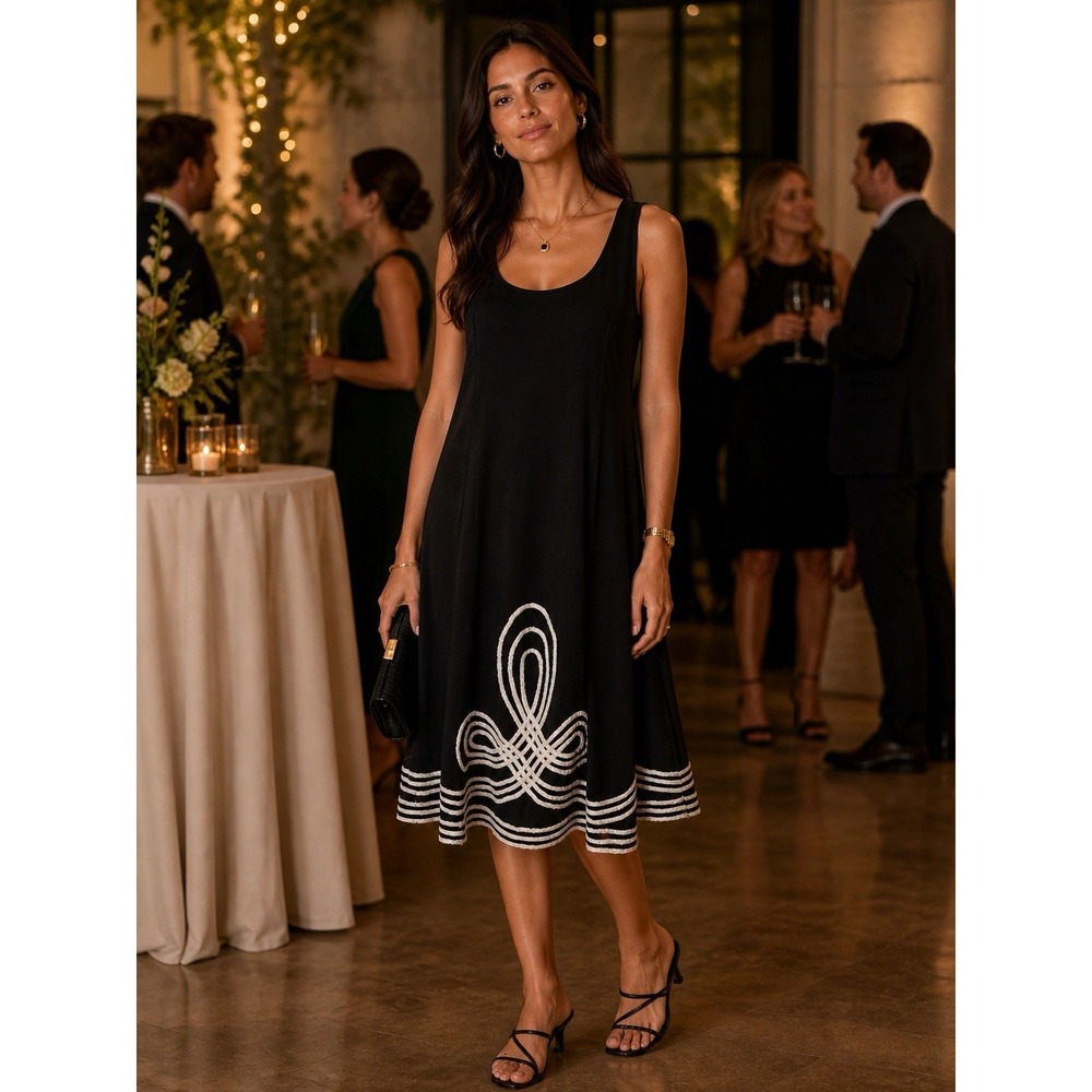 Adrianna Papell Black Silk Midi Dress Womens Size 6 Flowy Event Unique Glam